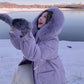 Winter Down Cotton Jacket Women's Long Over-the-knee Cotton Jacket Fluffy Fur Collar Hooded Loose Horn Button Cotton Jacket
