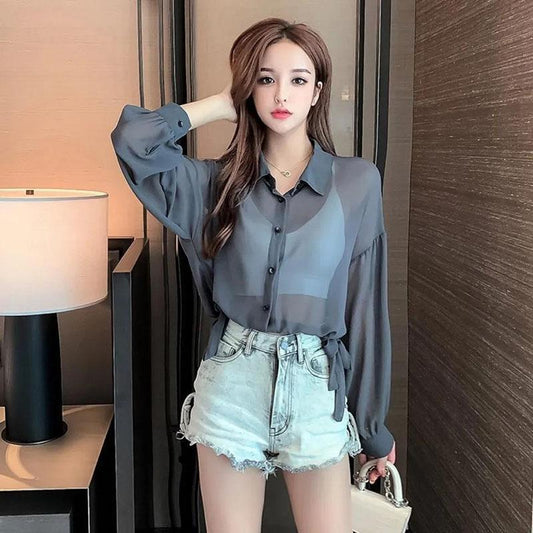 Short Sunscreen Shirt  Blouse Rope Waist Strap Loose Wear Summer Thin Top Women's Clothing  Female Coat Sun Protection Cardigan