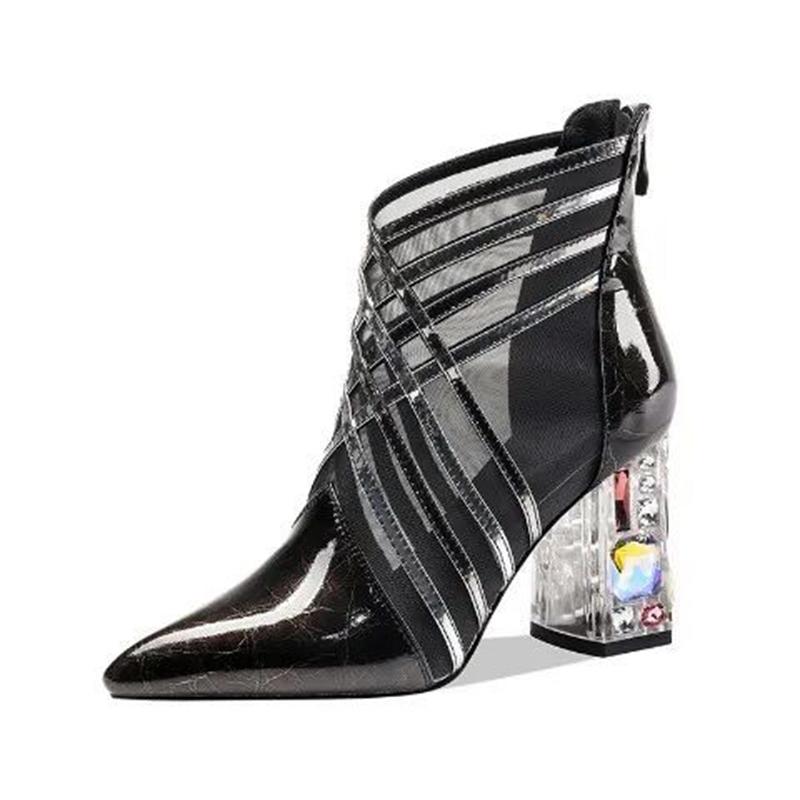 Pointed Toe Net Boots High-heeled Rhinestone Toe Cap Sandals Female Summer Leather Soft Leather Thick-heeled Net Gauze Sandals