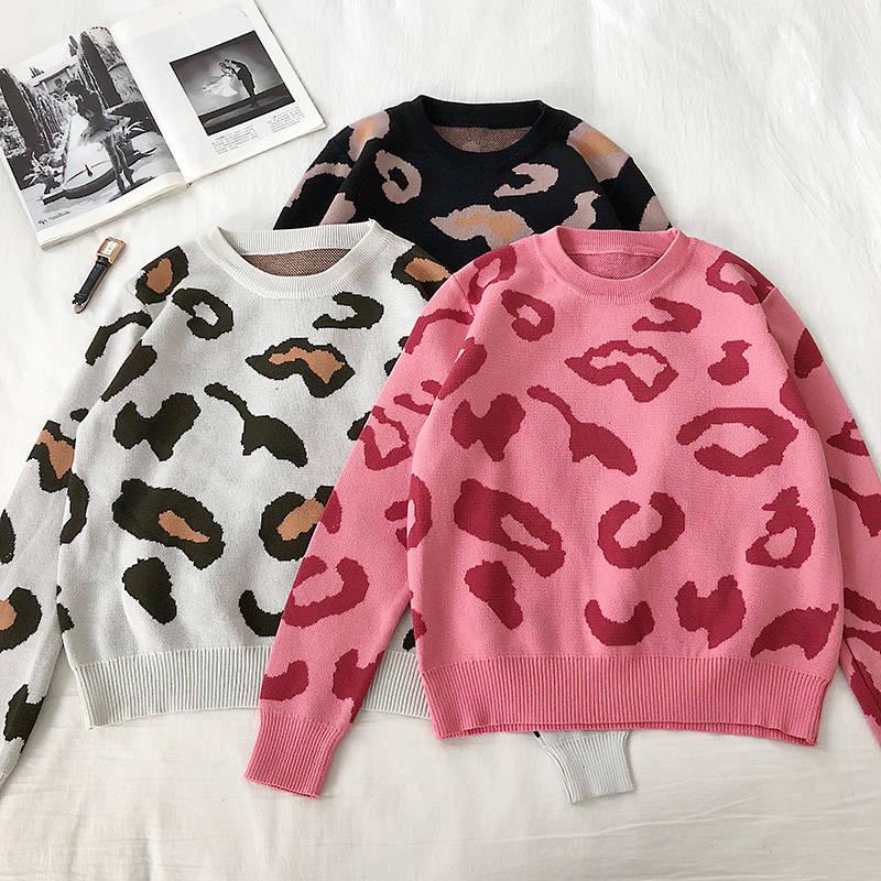 3 Colors Leopard O-neck Pullover Long Sleeve Short Twist Sweater Women Open Waist Knitwear