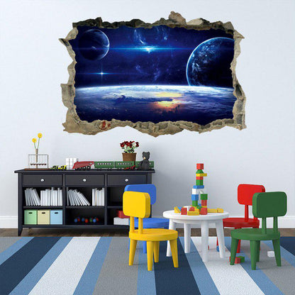 [sticker ]Cartoon Universe Space Wall Sticker Broke 3d Removable Wall Decals For Kids Room Children