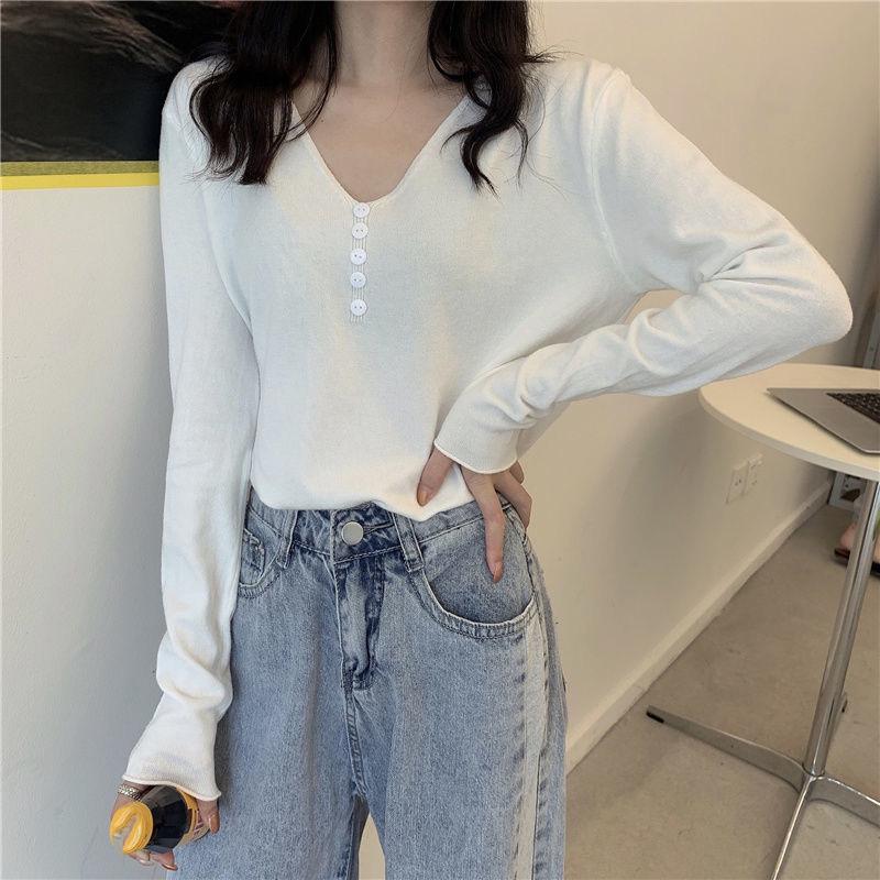 Knit Blouse Women Autumn and Winter Slim Core-spun Yarn Bottoming Shirt V-neck Long-sleeved Sweater