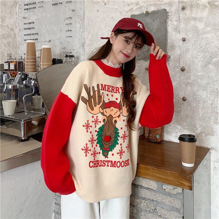 Christmas Sweater Women's Loose Color Matching Cartoon Printed Pullover Knitted Tops