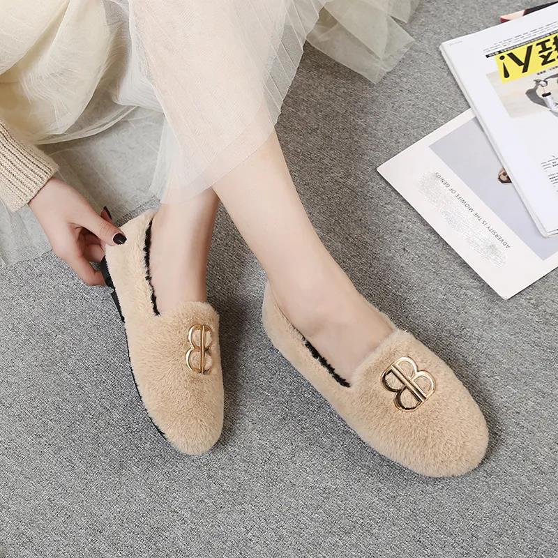 Hairy Shoes Women's Autumn All-match Round-toe Flat-bottomed Comfortable Lazy Casual Pedal Peas Shoes Moccasin Shoes