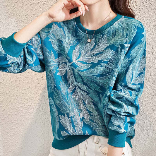 Women's Long-sleeved Spring and Autumn Outer Wear Printed Round Neck Loose Top