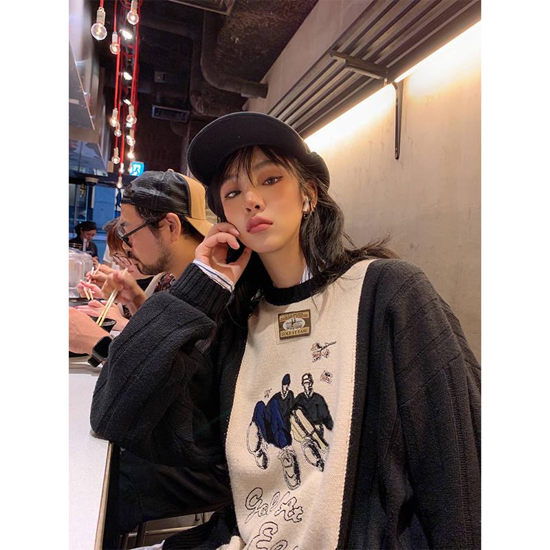 Pofulove Sweater Women's Loose Outer Wear Winter Thick Long-sleeved Round Neck Knit Retro Coat