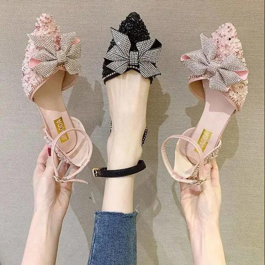 Gentle Style Rhinestone Bow Sequin Pointed Sandals Versatile Lace-up Thick Heel High Heels