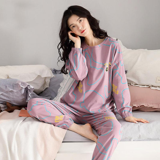 Women Cotton Pajamas Set Cartoon Cute Female Pyjamas Suit Long Sleeve Sleepwear Tops and Pants Sets Home Wear Casual Loose Pullover Nightwear
