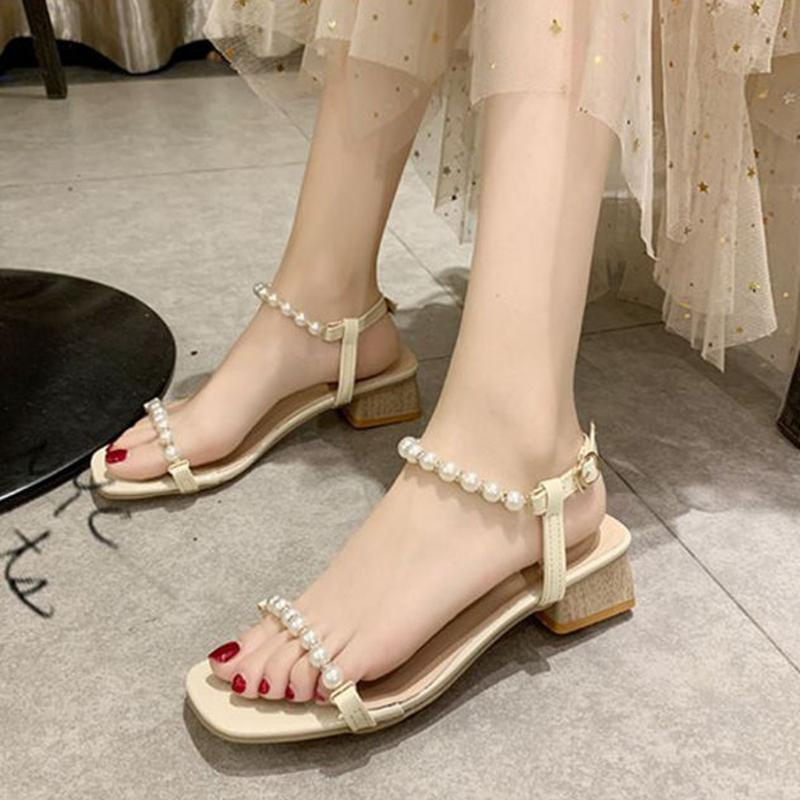 Sandals Women's Summer Korean Fashion Thick Heels High-heeled Pearl Sandals