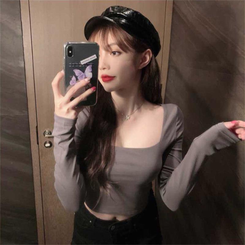 Fall Women Casual Square collar Women Autumn Long sleeve T-Shirt Women Basic Tee Pullover