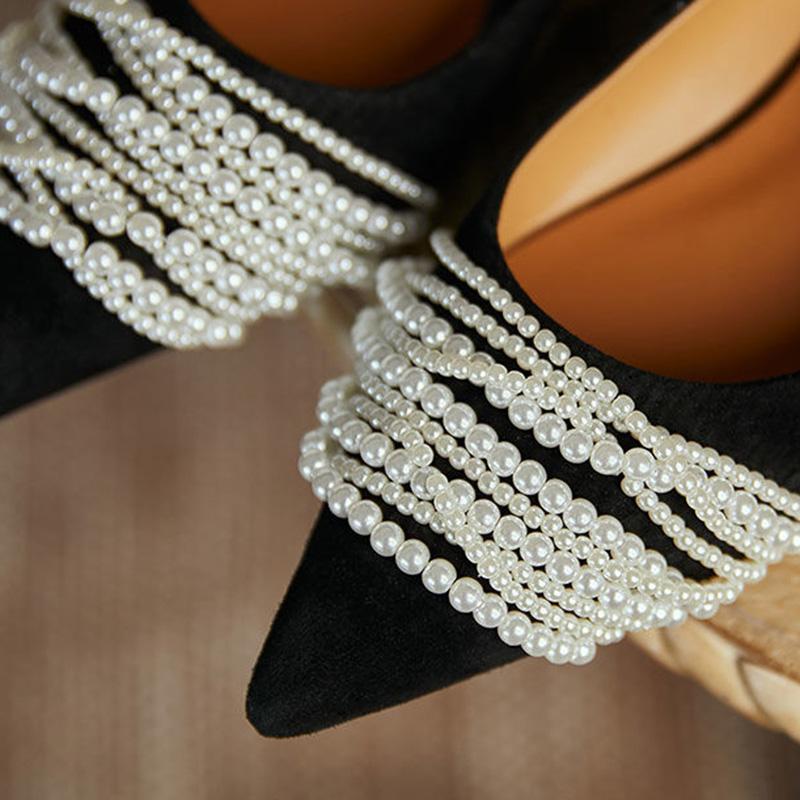 Low Heel Pointed Pearl Single Shoes Women Shallow Mouth All-match Bridal Shoes Flat Wedding Shoes French Retro Bridesmaid Shoes
