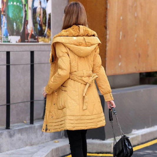 Real Rex Rabbit Fur Collar Hooded Mid-length Down Jacket Women Fashion Slim Belt White Duck Down Winter Jacket