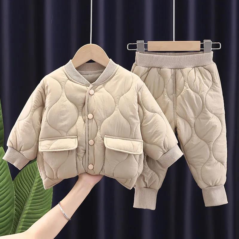 Boys Autumn and Winter Suits Girls Plus Velvet Thick Cotton-padded Jacket Suits Lightweight Baby Western Style Two-piece Suit