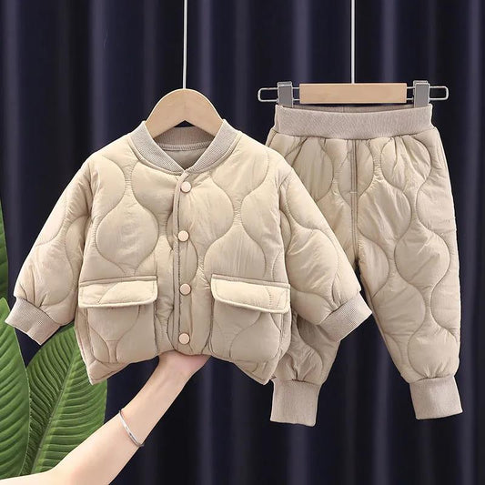 Boys Autumn and Winter Suits Girls Plus Velvet Thick Cotton-padded Jacket Suits Lightweight Baby Western Style Two-piece Suit