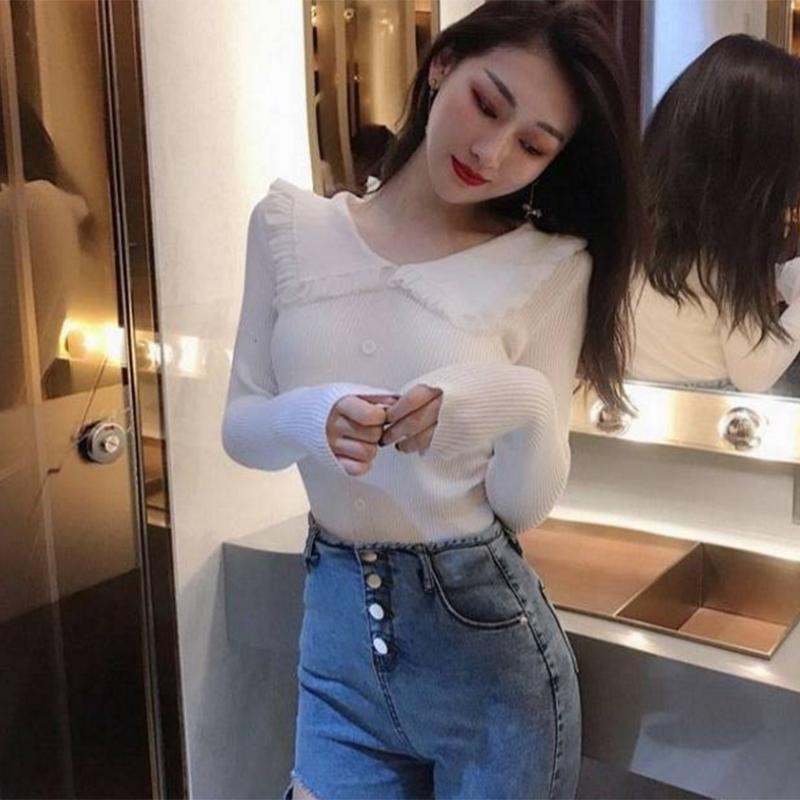 Pofulove thickened V-neck winter retro pullover sweater Slim long sleeve solid color shirt long