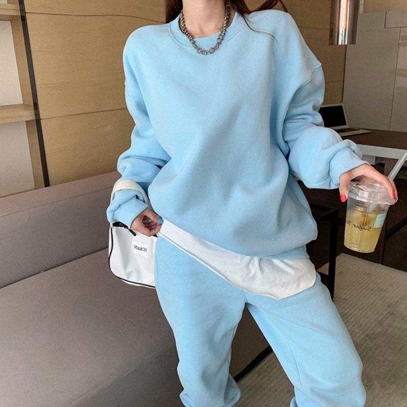 2PCS Women's Velvet Thickened Loose and Thin Sports Suit Two-piece Casual Sweater Solid Color Casual Sweater Suit Autumn Trousers Hooded Sweater