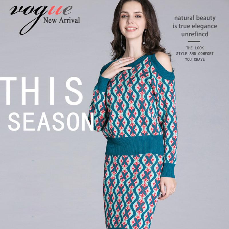 Women's Sweater Skirt Set Vintage Printed Off-shoulder Knitted Sweater Top and Bodycon Knitted Skirt Two-piece Set Female Outfits