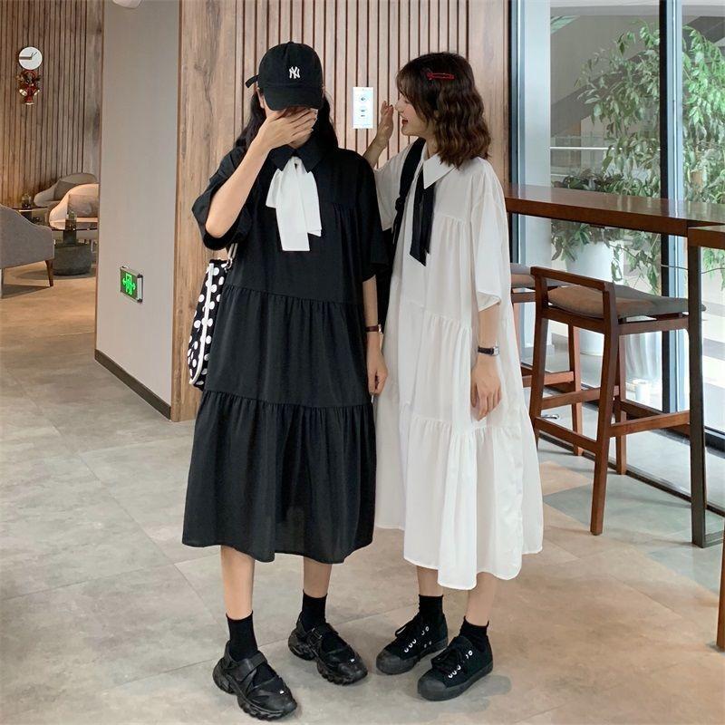 Cute Sweet Girl Bow Ruffle College Style Mid-length A-shaped Skirt Age Reduction Looser  Short Sleeve Dress