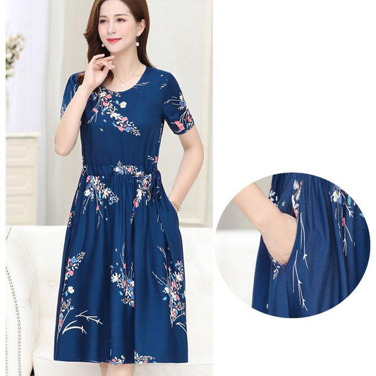 Summer Mid-length Plus Size Printed Floral Over-the-knee Dress Round Neck Short Sleeve Elastic Waist