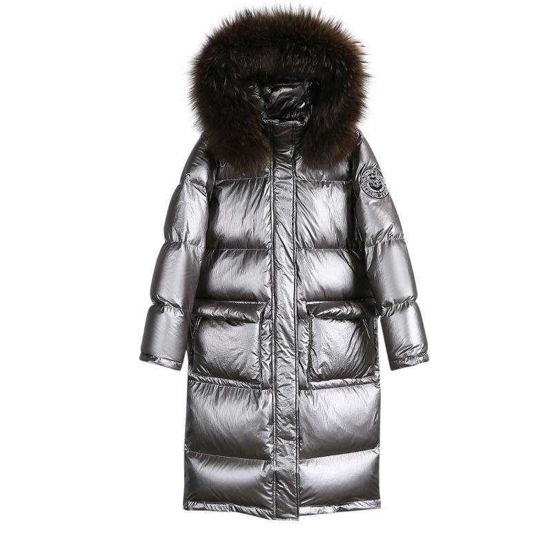 Bright Face Down Padded Jacket Women Winter Big Fur Collar Padded Jacket Women Mid-length Over The Knee Thick Coat