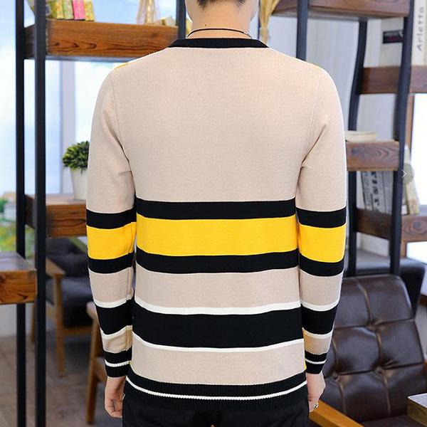 Autumn and Winter Striped Sweater Slim Young Men's Round Neck Knit Bottoming Shirt Long-sleeved Splicing Color Pullover Top