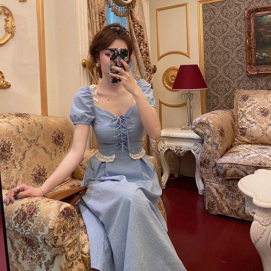 Female Simple Slim Elegant Shoulder Covering French Gentle Romantic Summer Solid Color Long Dress