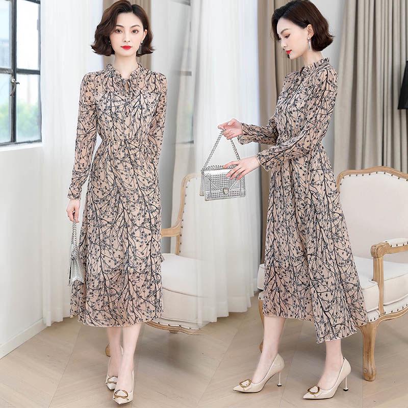 Fashion Chiffon Printed Large Size Long Skirt Spring and Autumn Floral Long-sleeved Dress Women