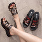 Women's Slippers Summer Hollow Wedge Heel Rhinestones Sandals Middle-aged Ladies Flat Bottom Non-slip Slippers Middle Heel Soft Sole Flip Flops