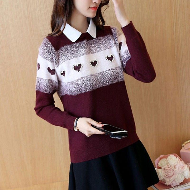 Autumn Winter Korean  Short Pullover Sweater Lapel Loose Sweater Coat Sweet Beaded Fake Two pieces Sweaters for Students Office Ladies