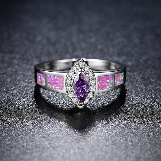 Fantasy Purple Opal Fine Ring Charm Silver  Ring Horse Eye Shape Opal Ring for Women Vintage Jewelry