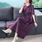 Violet Print Back Cotton and Linen Dress Women Spring and Summer V-neck  1/2 Sleeve Ethnic Style Solid Color Large Size Dress