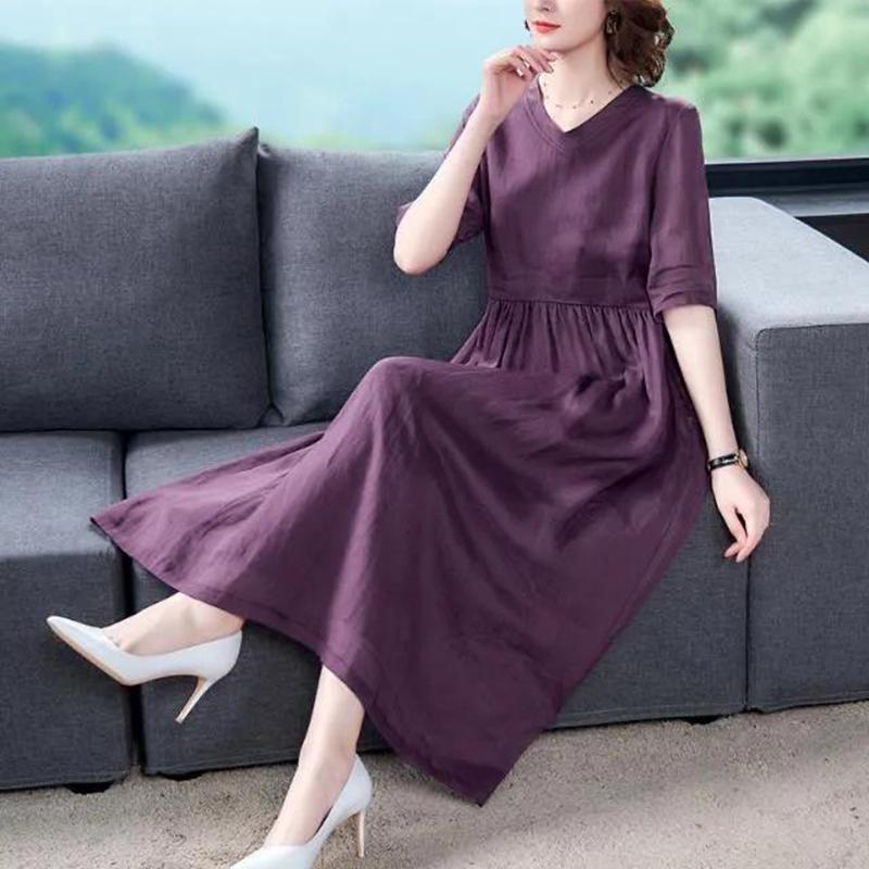 Violet Print Back Cotton and Linen Dress Women Spring and Summer V-neck  1/2 Sleeve Ethnic Style Solid Color Large Size Dress