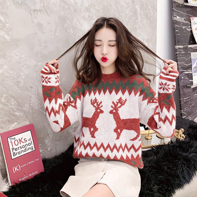Large size Christmas clothing Sweater Woman Loose Long sleeve sweater Winter Round neck sweater