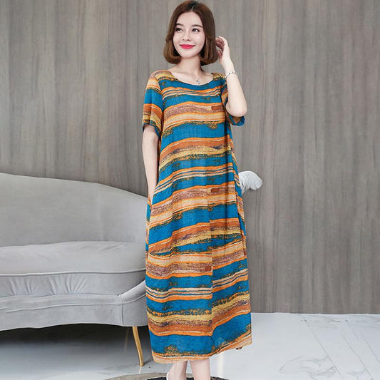 Women's Dress Loose Large Size Fat MM Dress Covering Belly Was Thin Striped Mid-length Skirt O-neck Short-sleeved Long Casual Loose Dress