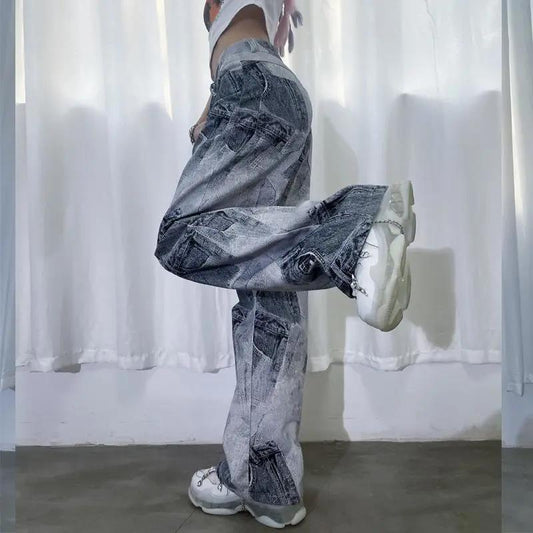Hip-hop Personality Jeans for Men and Women 2022 Spring and Autumn New High-waisted Trousers Waist Printing Retro Casual All-match Wide-leg Pants