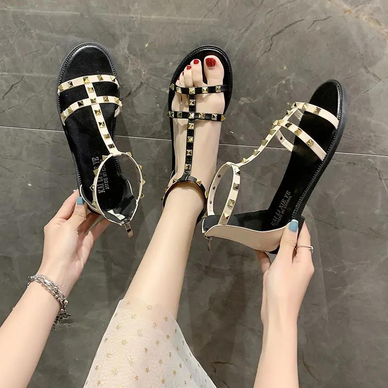 Rivet Flat Sandals Flat Slippers Summer Women's Casual Roman Flower Sandals Versatile and Comfortable Non-slip Open Toe