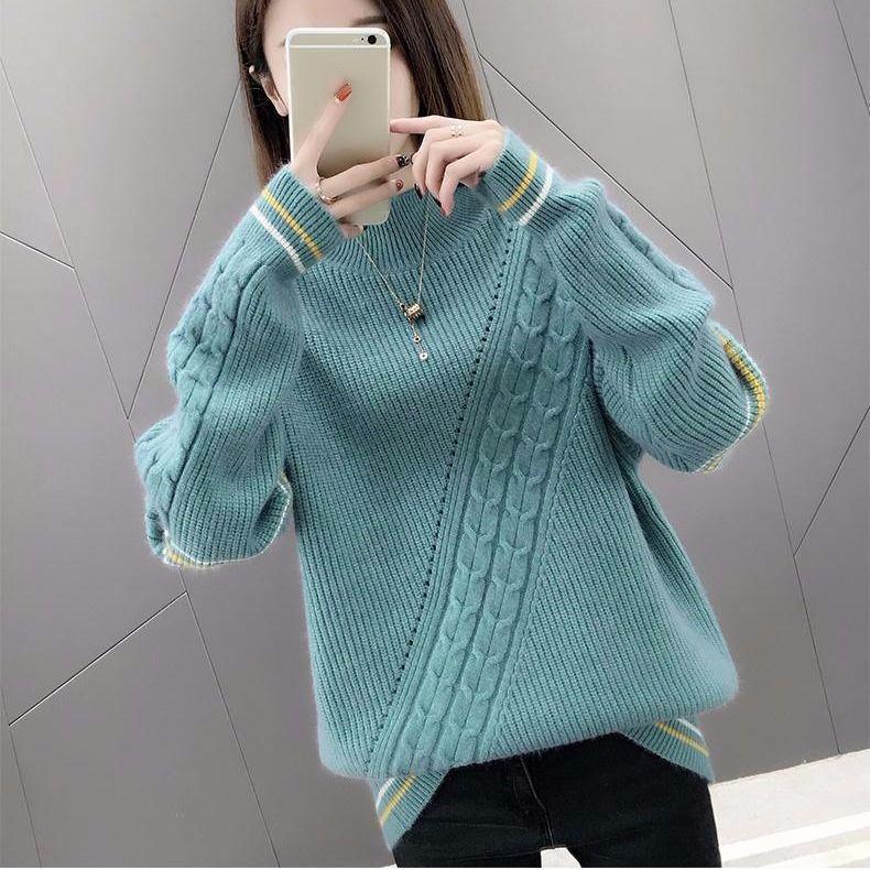 Autumn and Winter Loose Pullover Knit Sweater Line Thickening Half Turtleneck Sweater Large Size Cover Belly Fashion Top