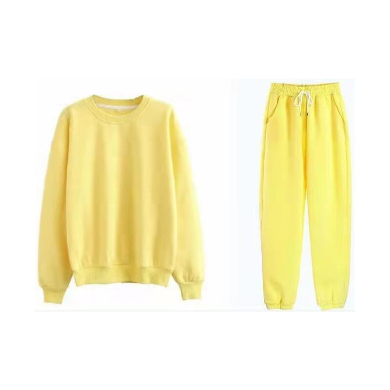 2PCS Women's Sport Suit Round Neck Long-sleeved Sweater Plus Velvet Thickened Two-piece Autumn and Winter Loose Trousers Suit Solid Color Sweat Suits