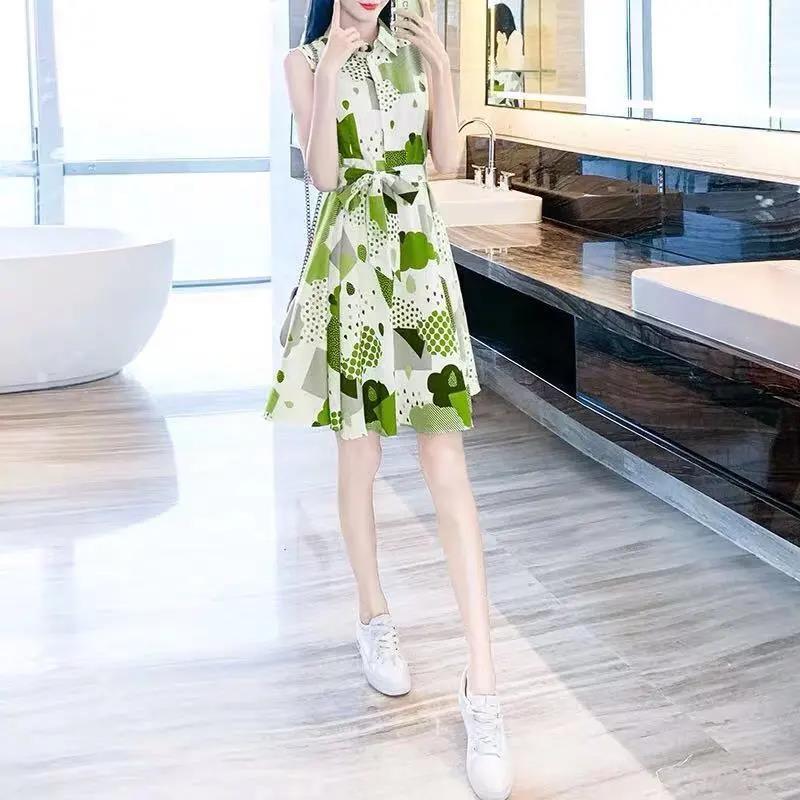 Chiffon Dress Women's Waist Slimming Temperament Avocado Green A-line Version Waist Sleeveless Dress Ladies Temperament Dress Work Can Be Worn