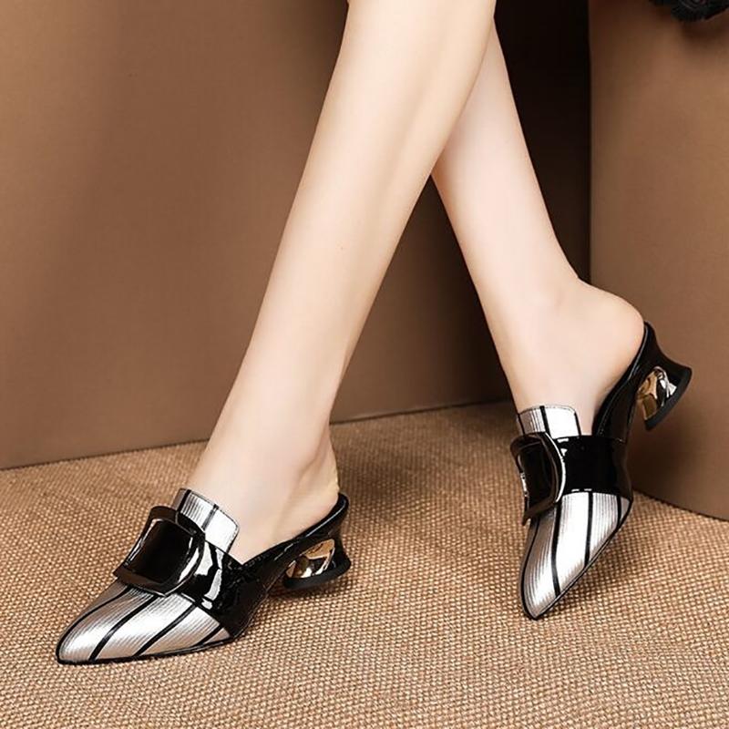 Soft Leather Sandals Women Middle Heel Slippers Pointed  Slippers Thick Heel Sexy Heel Sandals