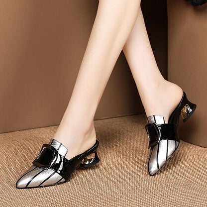 Soft Leather Sandals Women Middle Heel Slippers Pointed  Slippers Thick Heel Sexy Heel Sandals