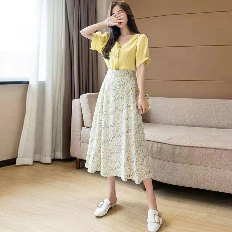Women's Chiffon Floral Skirt Summer  High Waist Mid-length A-line Draping Fairy Dress