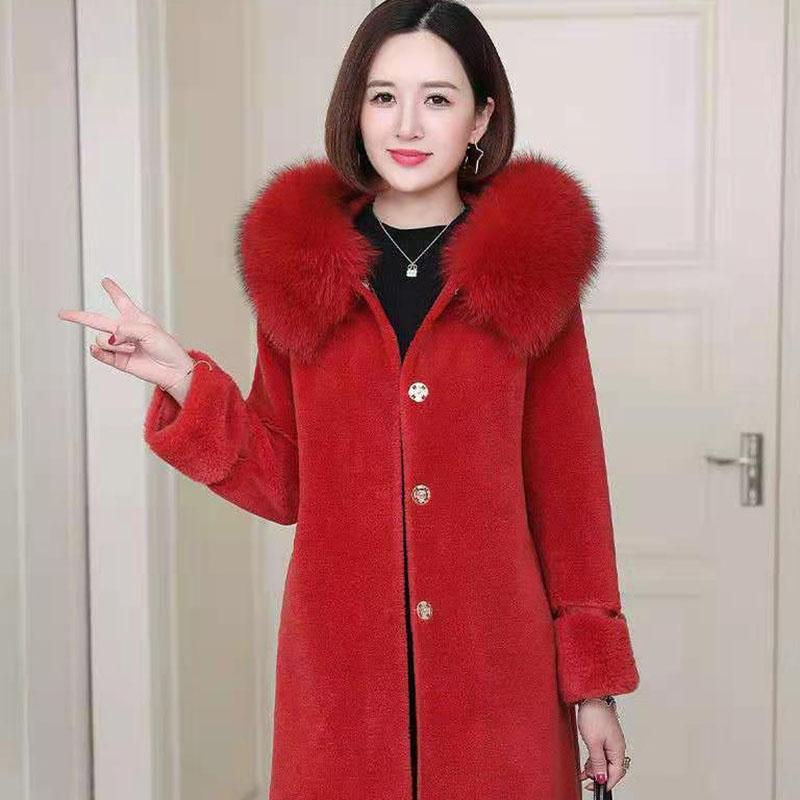 Real Fox Fur Collar Particle Sheep Shearing Female Mid-length Fur with Haining Fur Thickening Warm Jacket