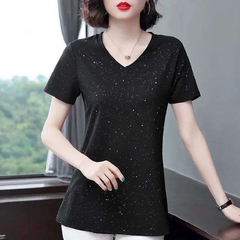 Women's Summer Short Sleeve Mid Length V-Neck Large Size Loose T-Shirt