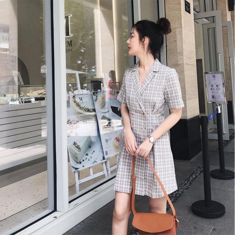 Elegant Plaid Dress Short Sleeve A-line Casual Streetwear Female Short Dress Button Summer Dress
