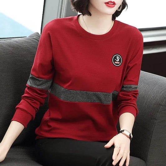 Spring and Autumn Women's Long-sleeved T-shirt Loose Round Neck Top Women Solid Color Bottoming Shirt