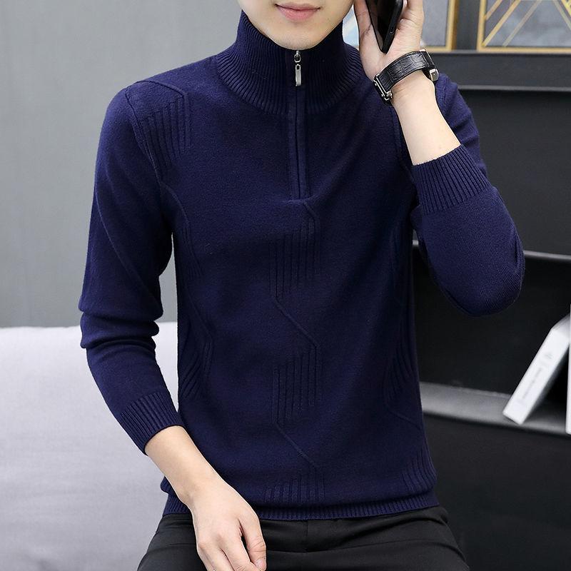 Men's Warm and Comfortable Bottoming Shirt Slim Solid Color Knitted Half High Neck Zipper Sweater