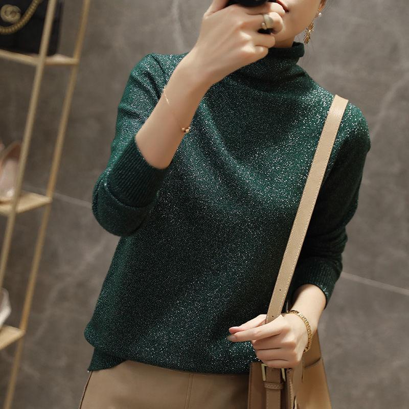 Women Solid Shiny Lurex Sweaters Autumn Winter ladies Long Sleeve Pullover Tops Heaps Collar knit Sweater