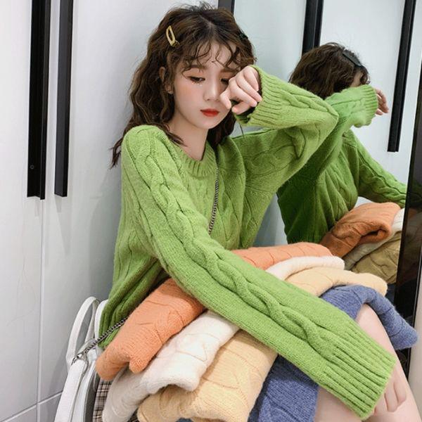 Pofulove wind short sweater female students loose avocado green western sweater Sweet cute sweater