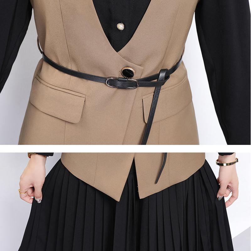 Send Belt Spring and Autumn New Women's Long-sleeved Dress Temperament Waist Waist Vest Shirt Two-piece A-line Base Dress